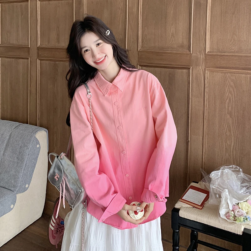 设计感渐变色宽松显瘦翻领衬衫女春季2025年新款韩版艺术休闲上衣