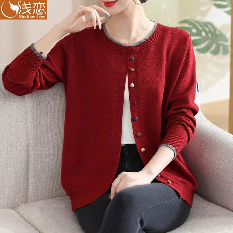 春季新款小开衫时尚单排扣圆领毛衣外套气质妈妈装上衣
