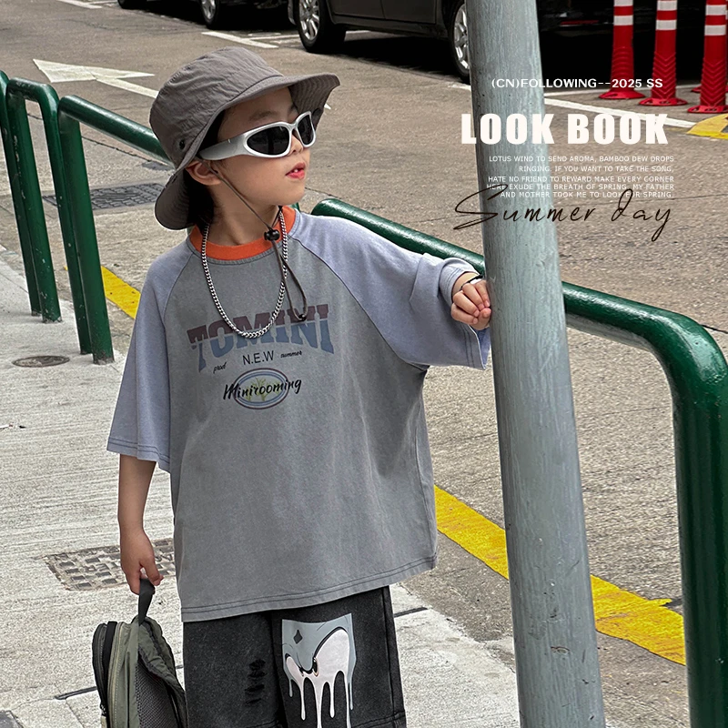 小小郑夏季2025上衣短袖男童运动休闲炒洗做旧潮流儿童韩版T恤酷
