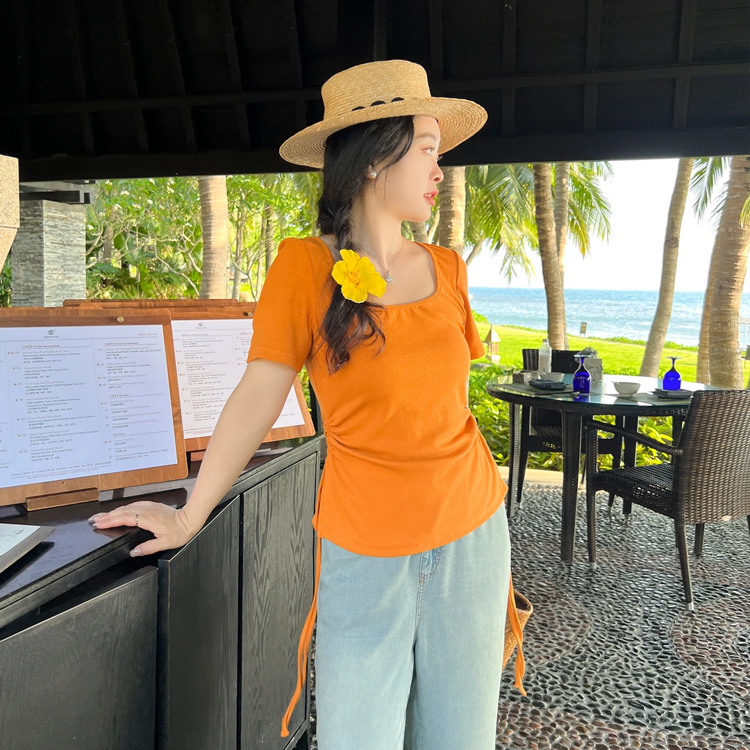 【夏季新品】大码百分百显瘦百搭气质收腰短袖T恤0908