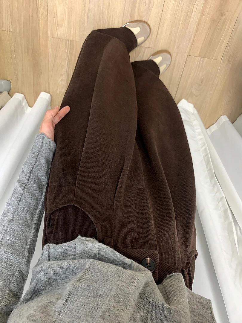 棕色灯芯绒直筒休闲裤女秋冬加绒大码胖妹妹mm高腰宽松显瘦阔腿裤