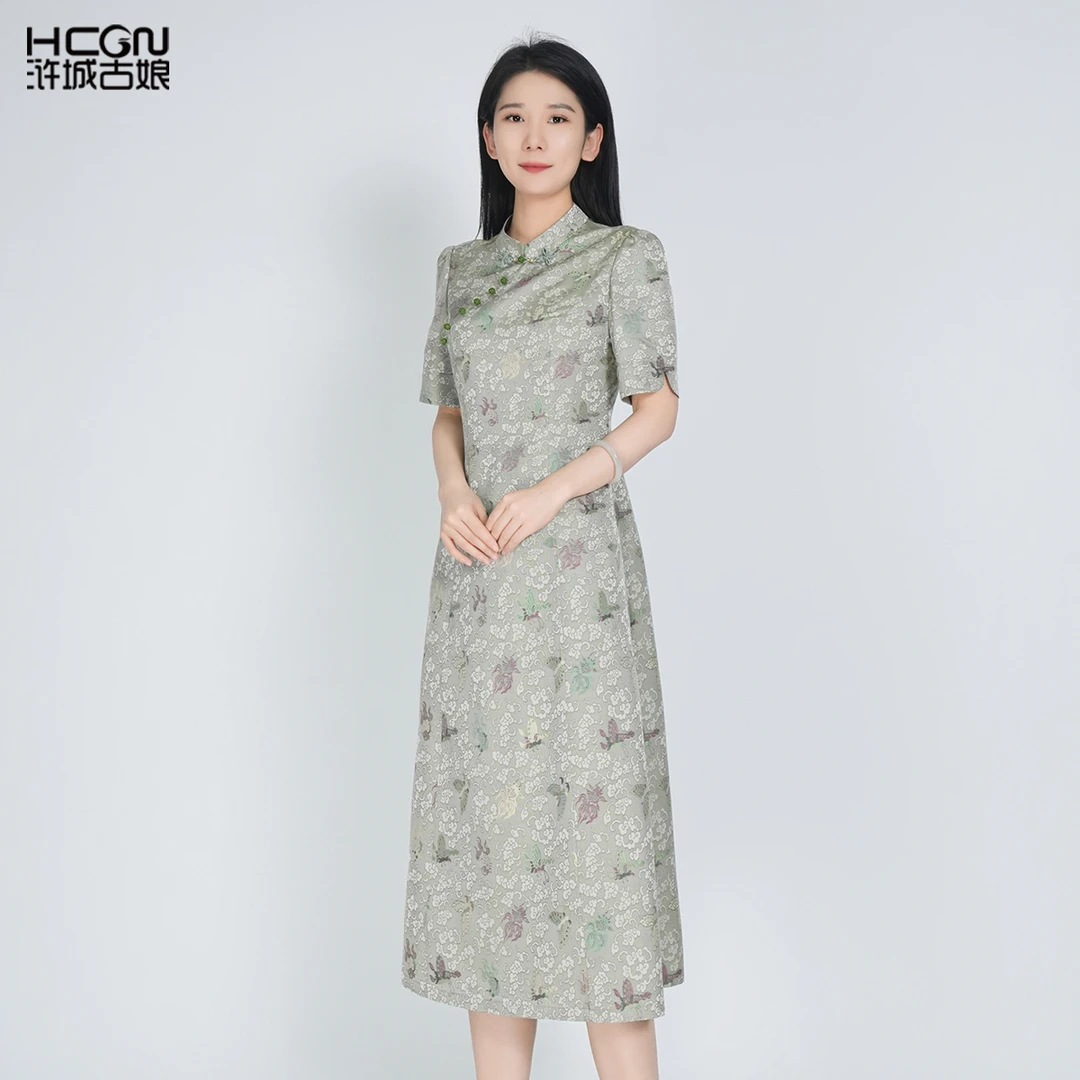 浒城古娘国风中式立领中长款夏女金鱼彩蝶异色罗连衣裙HBSS050190