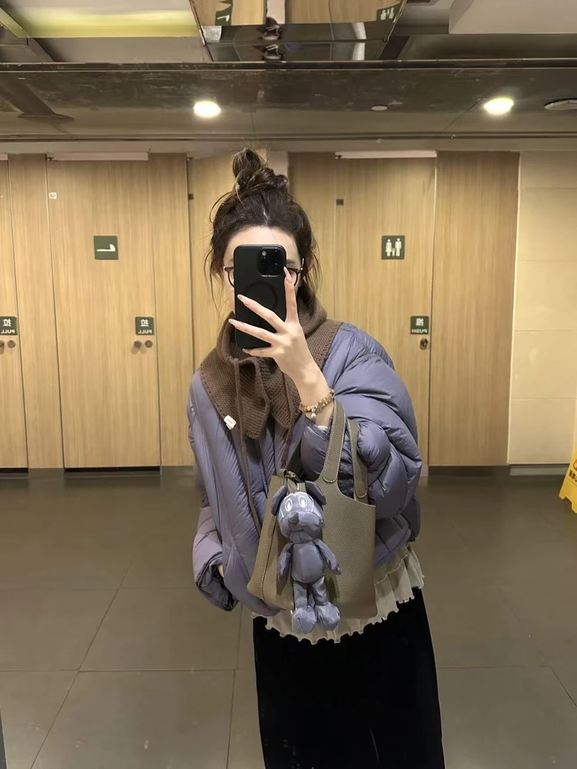 韩系紫色棉服服025冬季新款保暖外套带围脖百搭显瘦休闲裤两件套