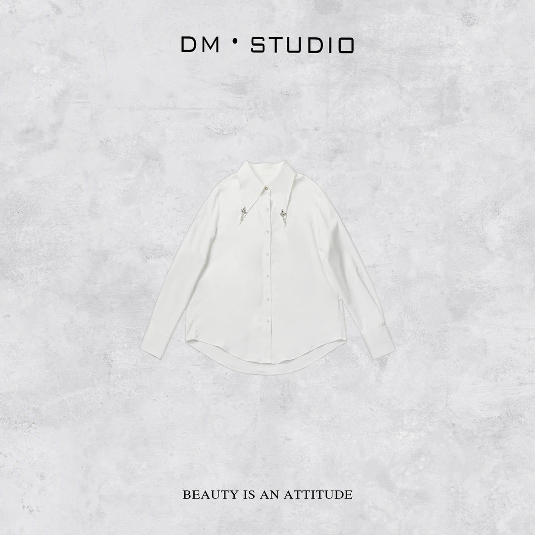 -DM•STUDIO/气质翻领简约纯色百搭重工钉珠衬衫上衣（QL34087）