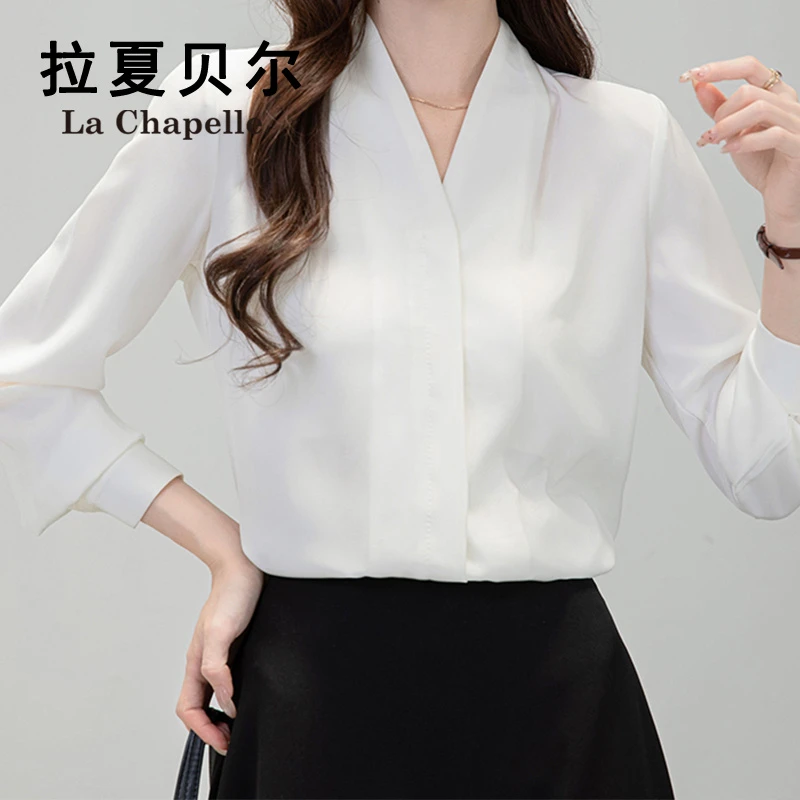 拉夏贝尔气质通勤v领白衬衫2025新款衬衣女春秋外穿休闲百搭上衣