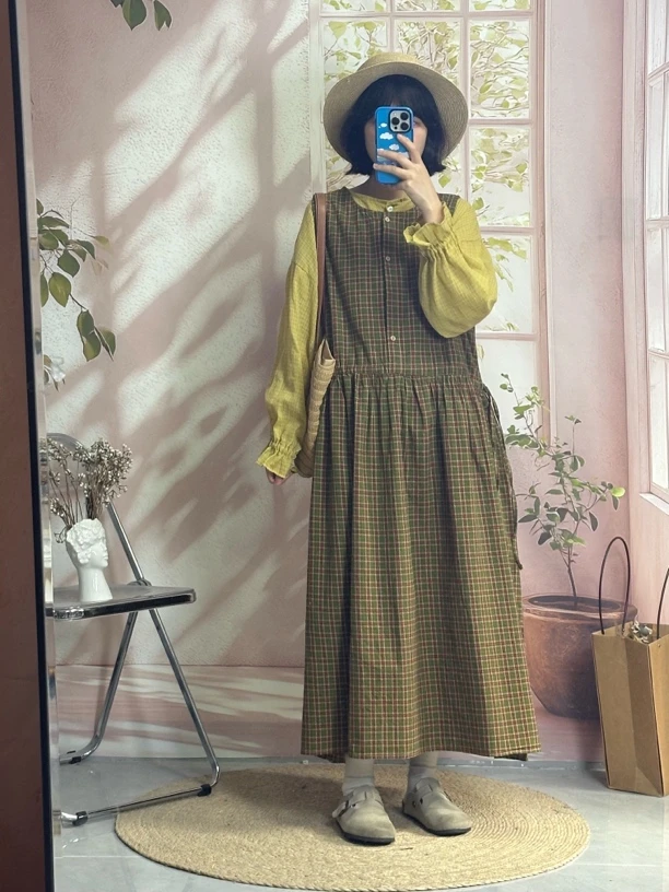 日系 复古格子宽松高级感韩版长款无袖背心连衣裙女A字裙
