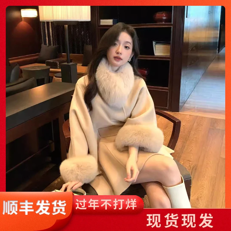 气质斗篷高级感毛呢外套女狐狸毛领24秋冬新款双面羊毛大衣中长款