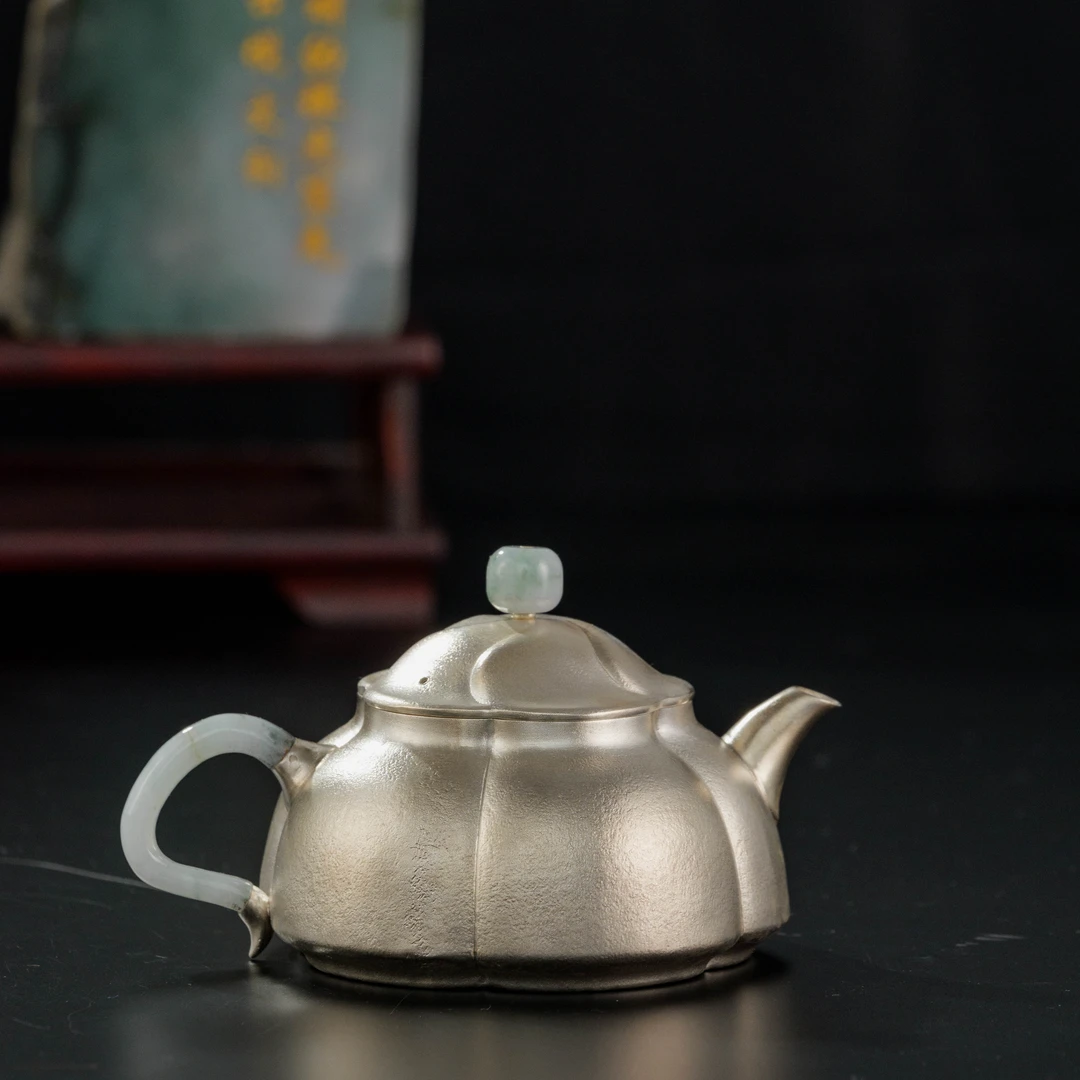 古悦 悦翠系列 翡 翠五瓣茶壶 纯手工錾刻家用复古小容量泡茶壶