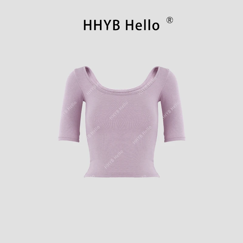 HHYB Hello【2025春季新款】大圆领两穿修身显瘦中袖T恤上衣250016
