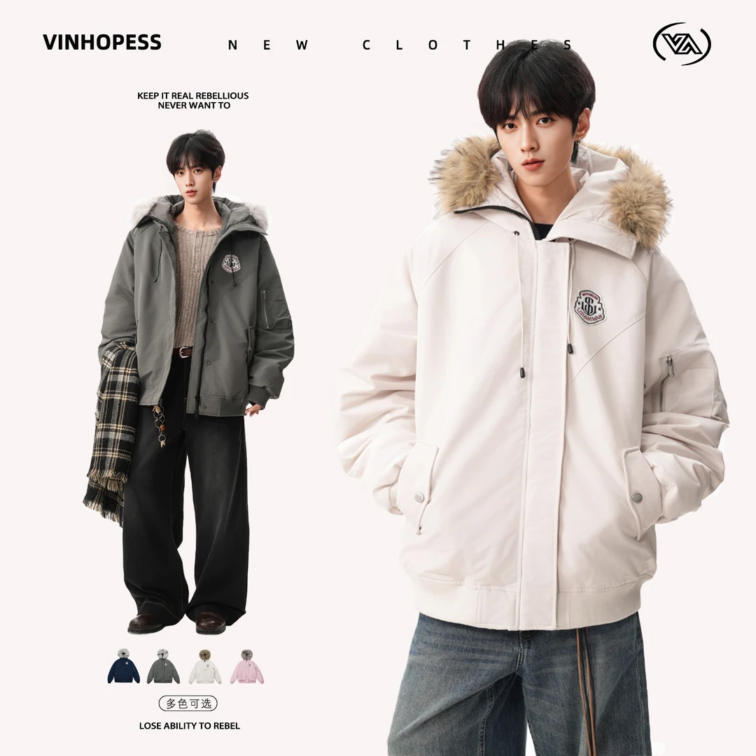 新款美式复古贴标设计感可拆卸毛领连帽加厚情侣棉服外套F2510