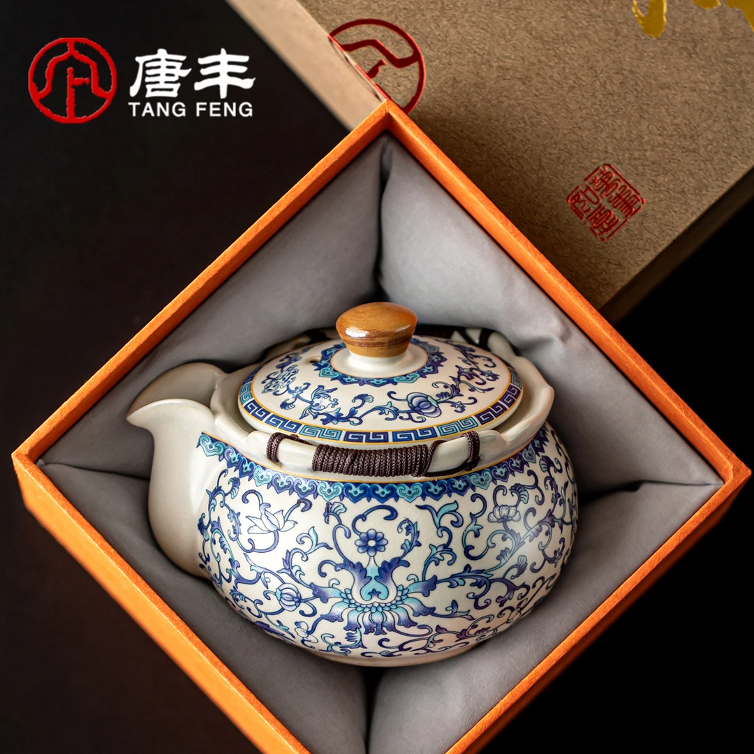 唐丰青花汝窑茶壶泡茶家用办公一人饮小壶单人防烫手抓壶伴手礼品