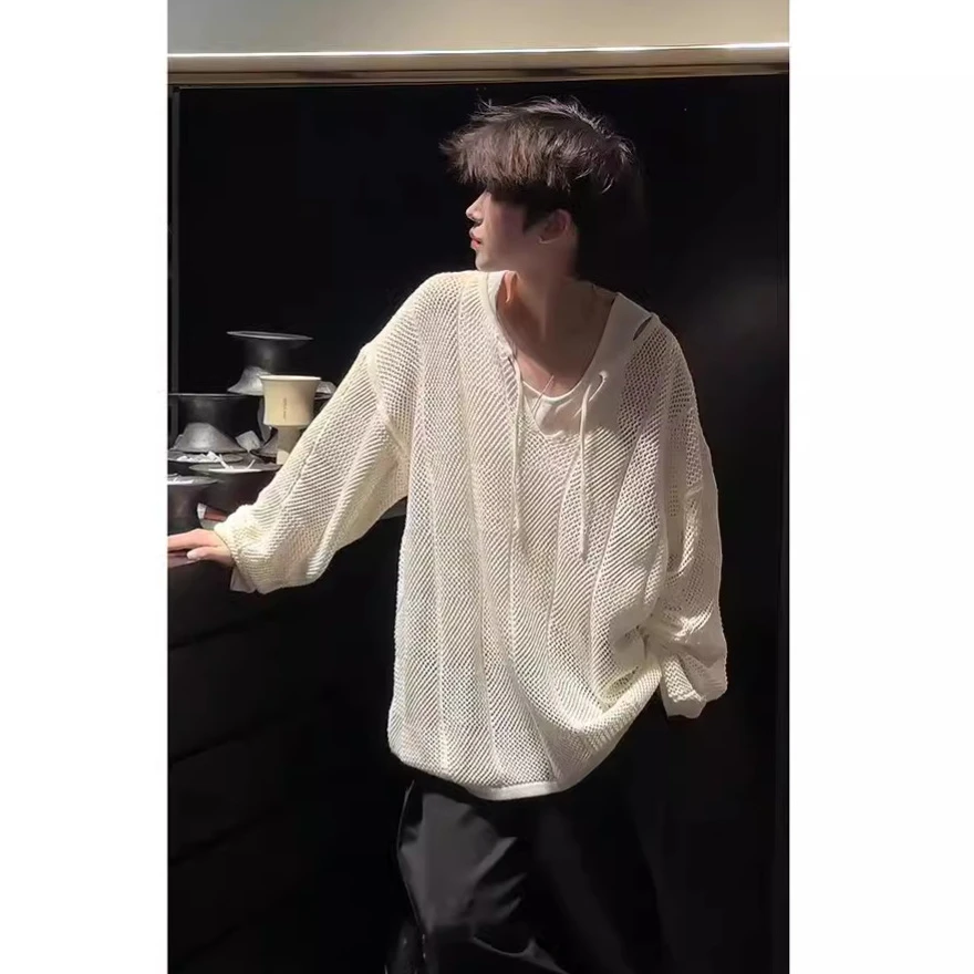 镂空休闲时尚长袖t恤男夏季小众设计感针织衫宽松松弛感慵懒上衣