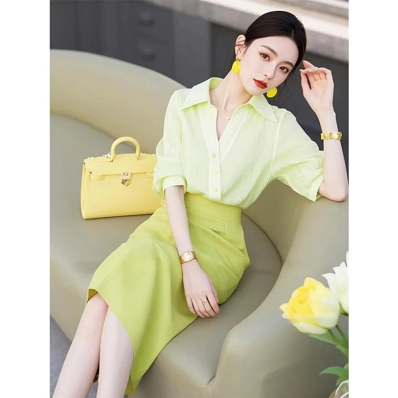 2025春秋新款绿色衬衫连衣裙两件套女时尚气质个性百搭高级感套装