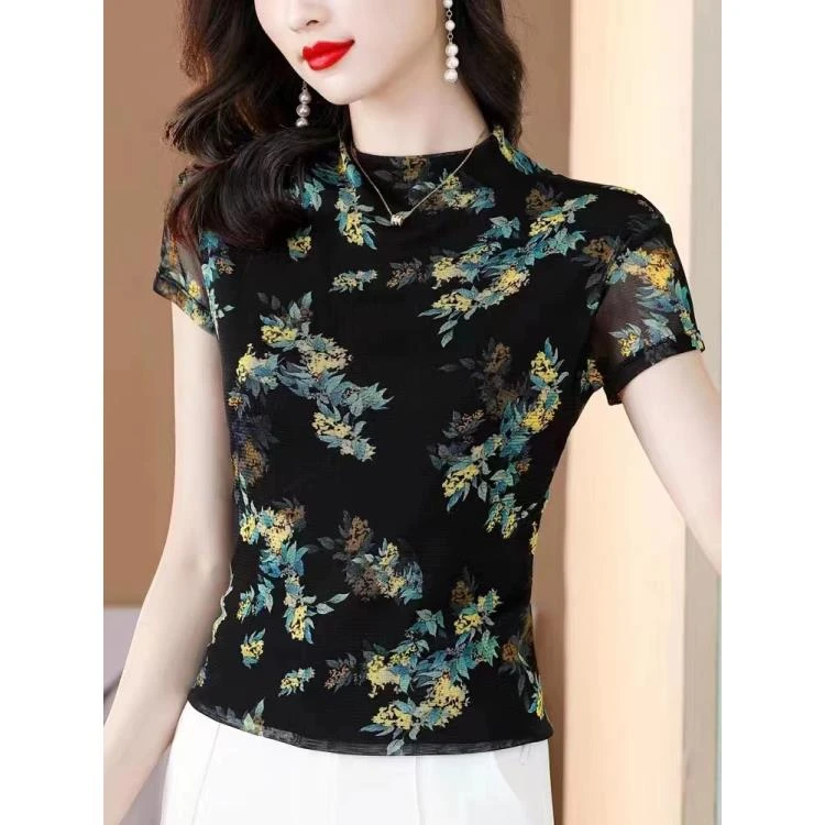桂花印花短袖网纱上衣