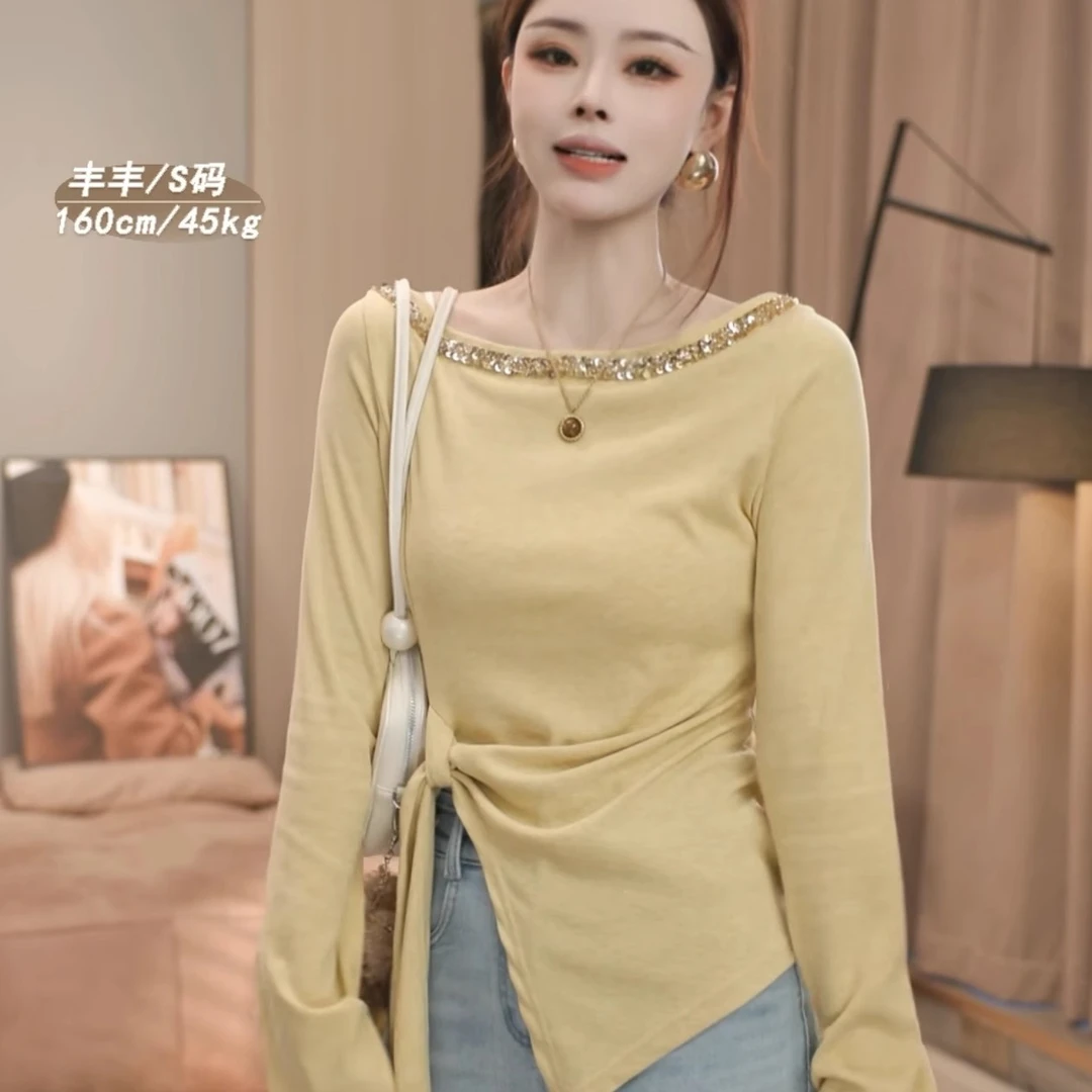 纯欲风钉珠烫钻不规则长袖打底衫女2025春夏新款气质百搭显瘦上衣