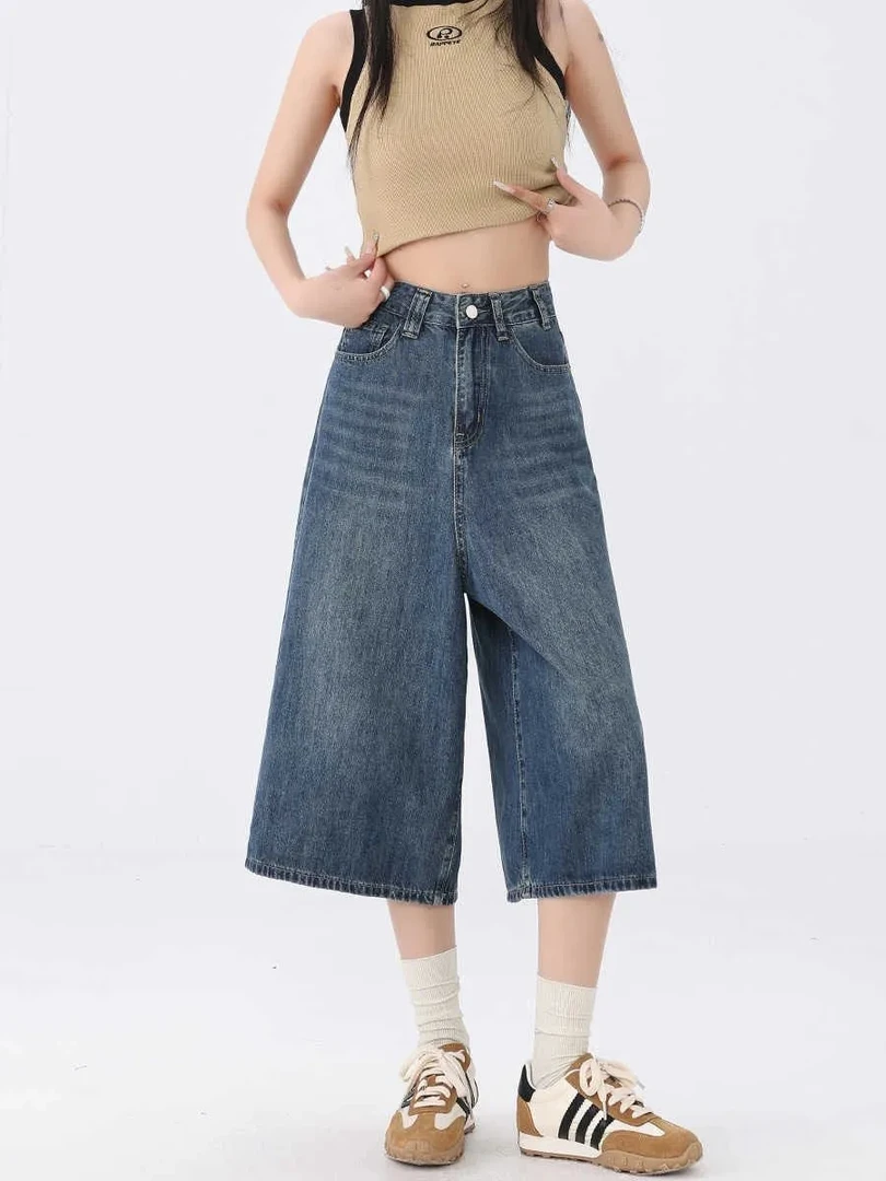 蓝色弹力阔腿牛仔裤大码微弹宽松高腰牛仔裤裤子磨毛春夏复古