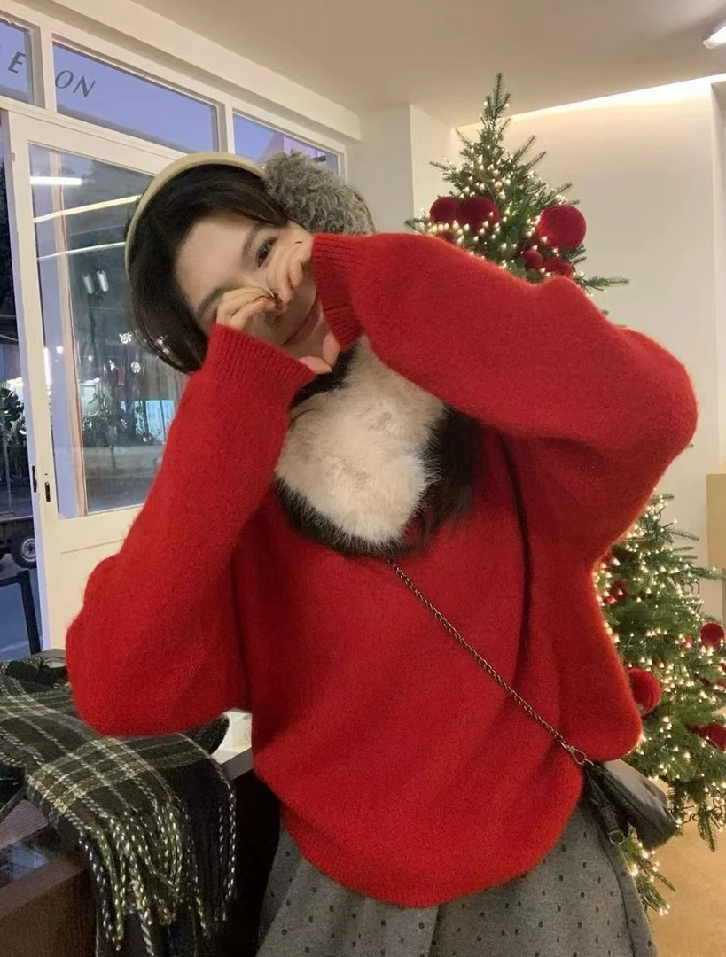 -Yy家精选 冬季羊绒毛领套头毛衣圣诞元旦氛围感