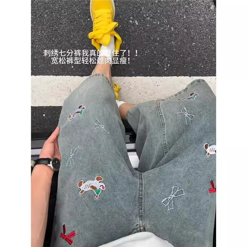 美式复古蓝刺绣小狗七分牛仔短裤男夏季潮牌宽松水洗过膝六分马裤