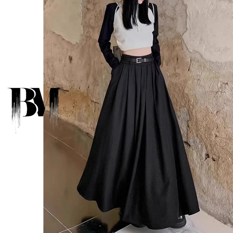 黑色百褶西装裙女春秋垂坠感半身裙高腰休闲大摆a字过膝中长裙子