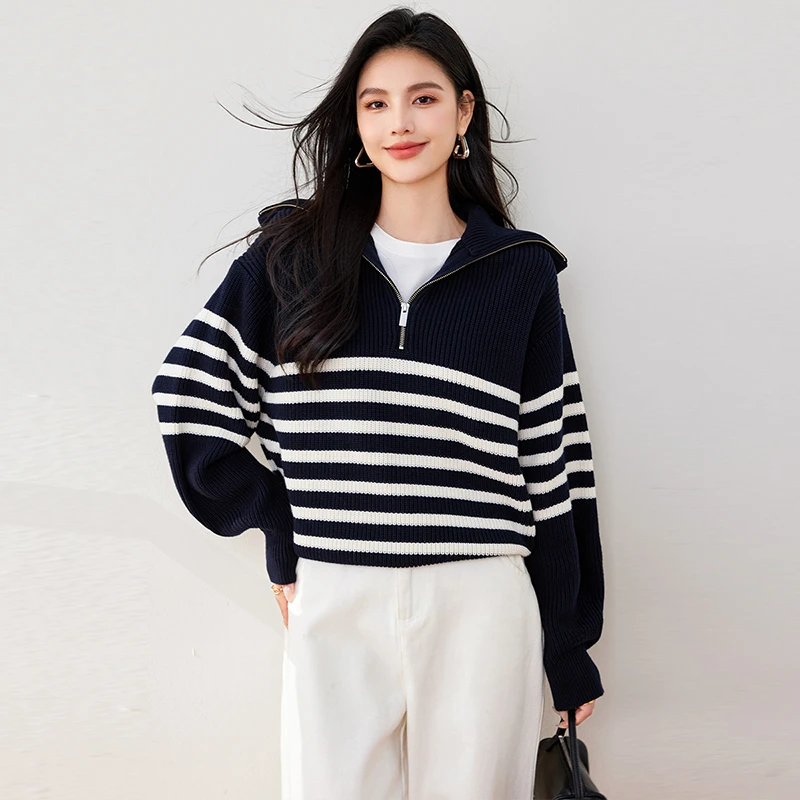 翻领半拉链条纹针织衫女学院风经典减龄休闲毛衣秋季新款