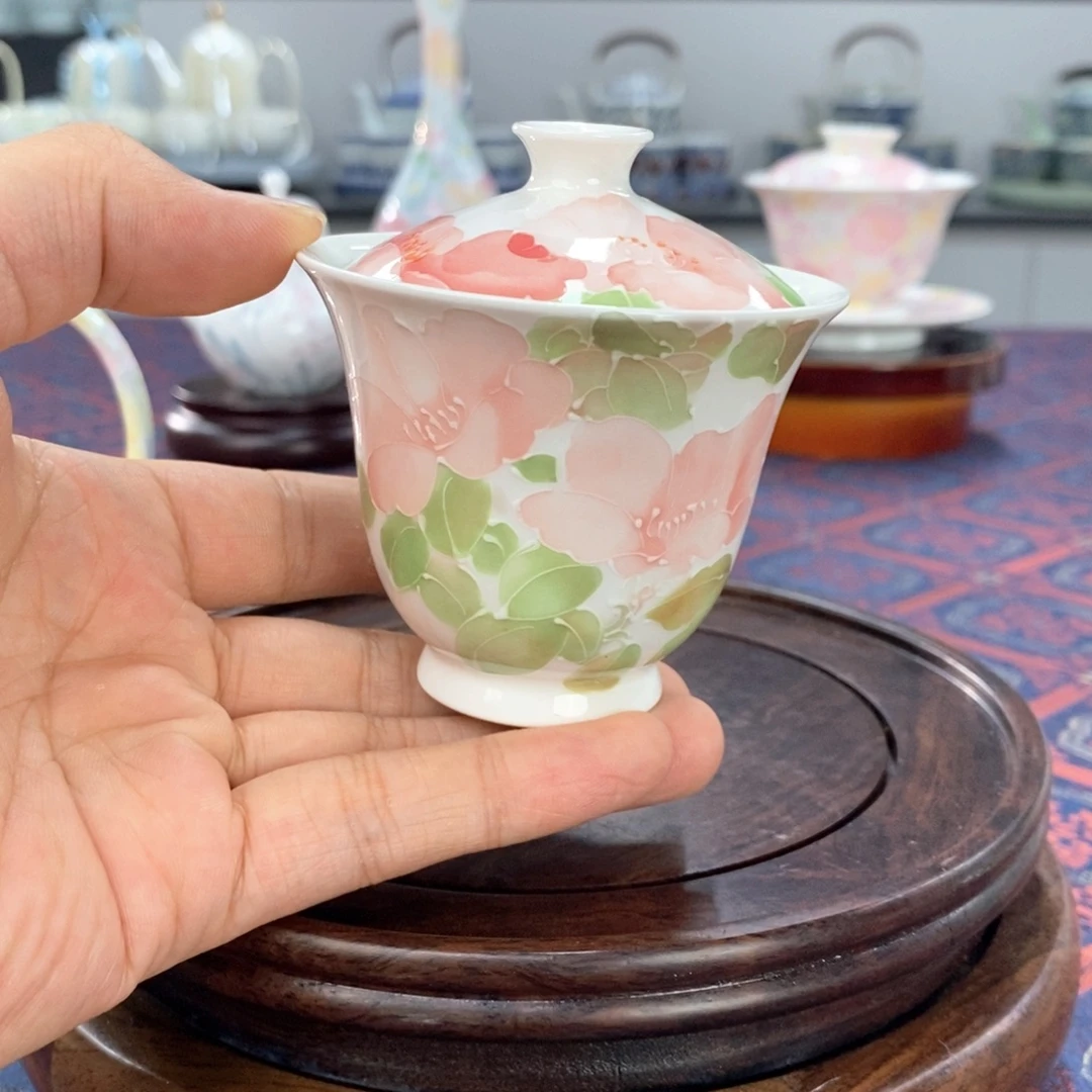 阿***家山茶花盖碗釉下手绘高温