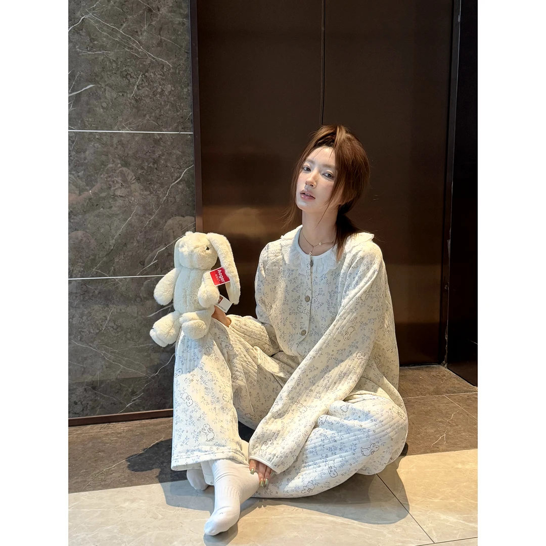 日系可爱甜美卡通夹棉睡衣女秋冬新款花边长袖加厚保暖家居服套装