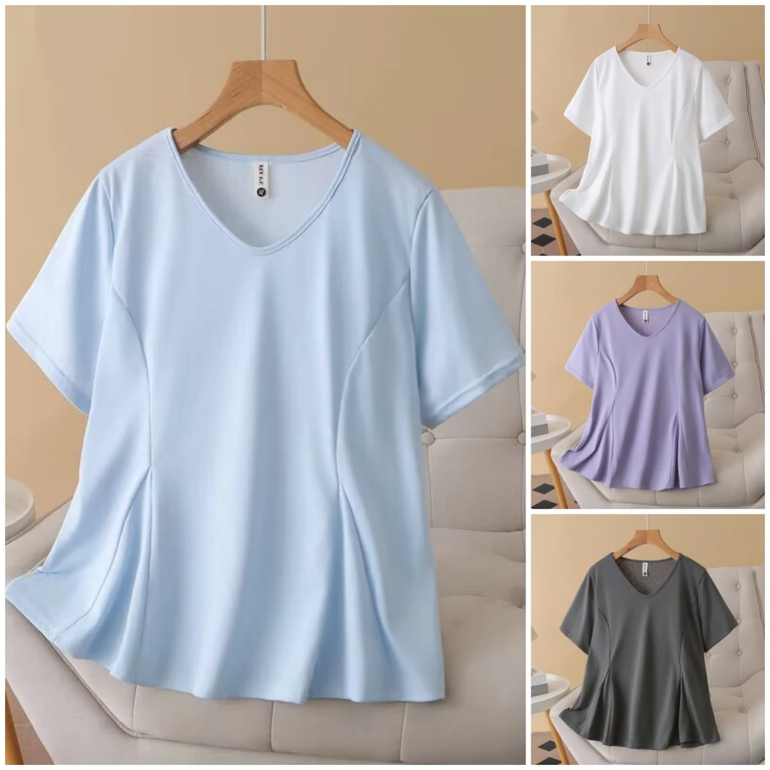 大码短袖t恤女夏季胖mm收腰显瘦遮肚子荷叶边上衣