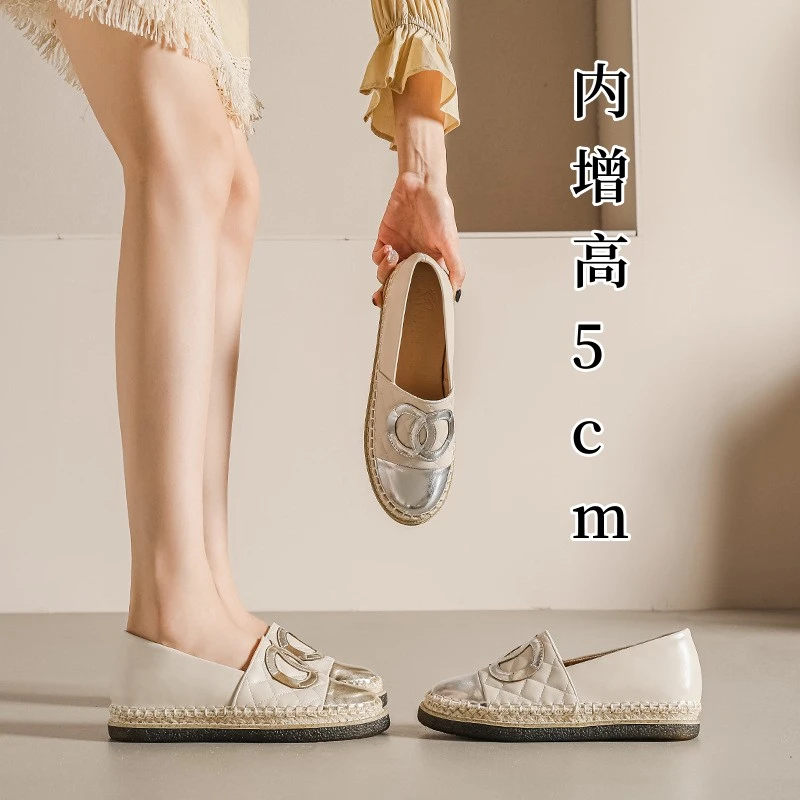 小香风渔夫鞋草编豆豆真皮乐福鞋内增高懒人百搭一脚蹬女鞋小码32