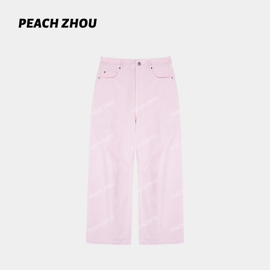 『PEACHZHOU』樱花粉纯棉宽松直筒休闲裤简约纯色减龄高级感阔腿裤