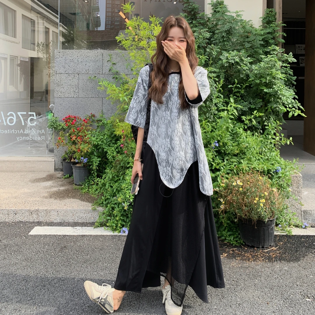 小众设计感不规则蕾丝T恤假两件半身裙女2025夏季韩系ootd两件套