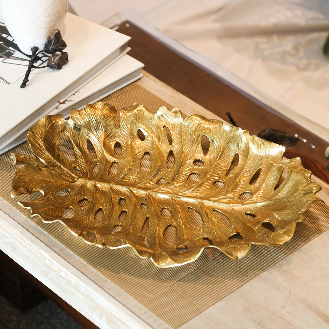 【BENNY本尼家】GY157欧式复古黄铜水果盘托盘镂空叶子桌面装饰摆件