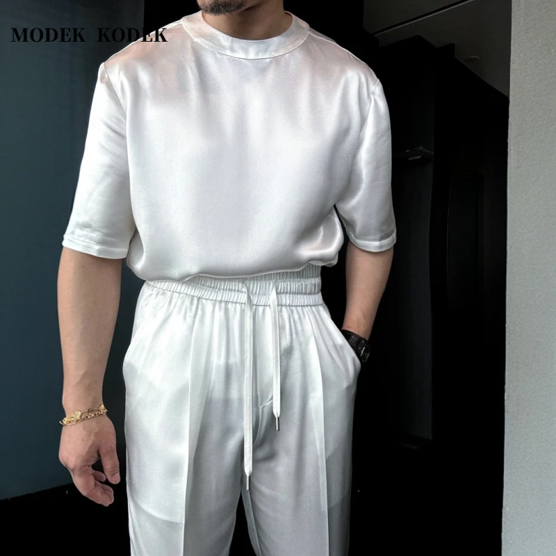 MODEK KODEK高品质醋酸时尚圆领宽松T恤男士夏季潮流纯色休闲裤男