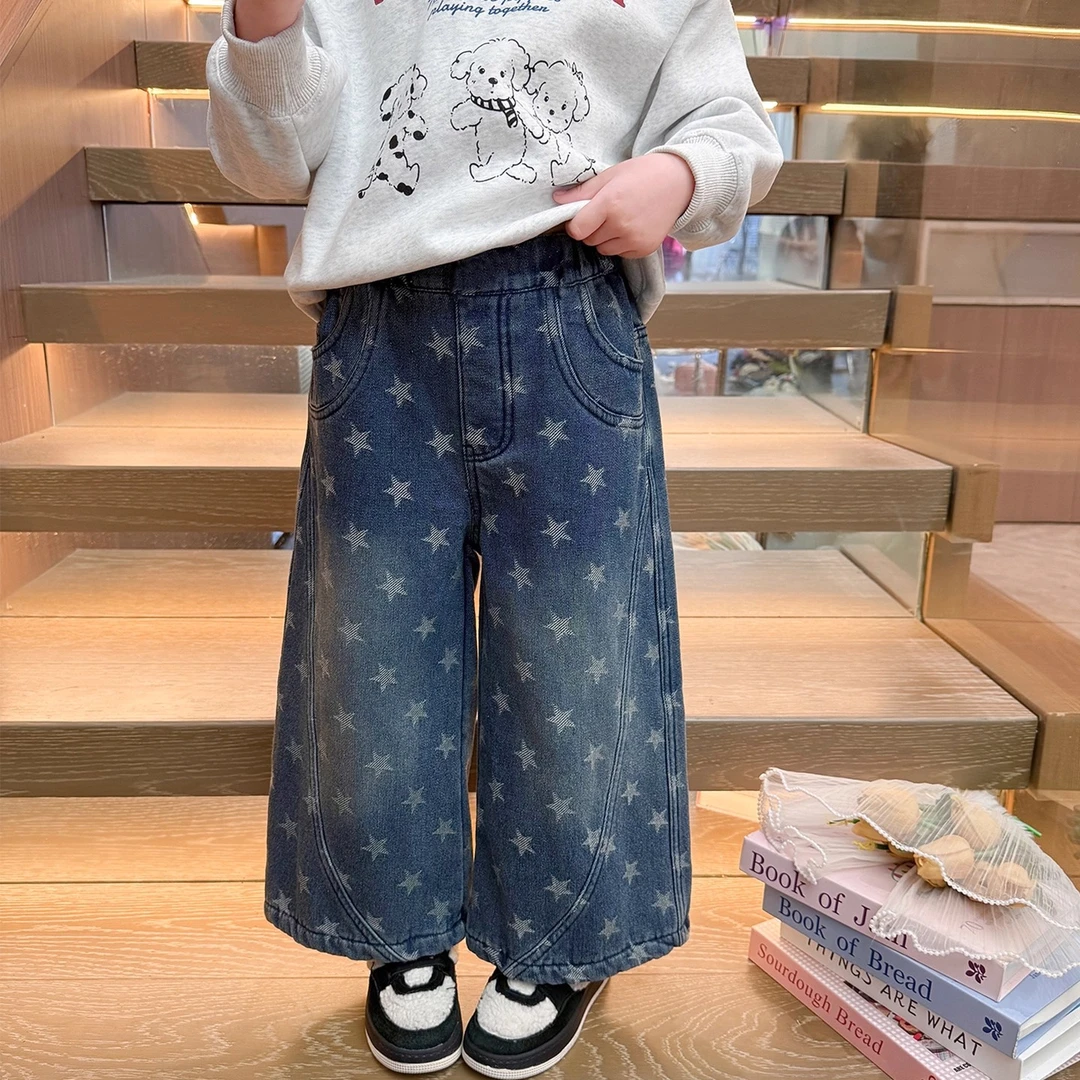 女宝加绒裤子儿童牛仔裤2025新款洋气时髦潮女童阔腿裤冬加厚长裤