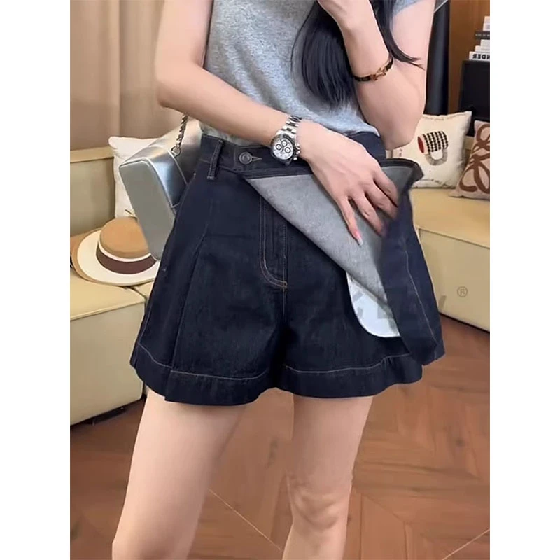 夏季薄款高腰不规则宽松牛仔短裤显瘦设计感裤裙a字阔腿热裙裤子