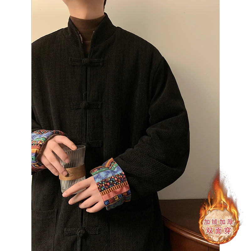 灯芯绒唐装外套加绒加厚棉衣男冬季民族风藏式印花两面穿茶服棉袄