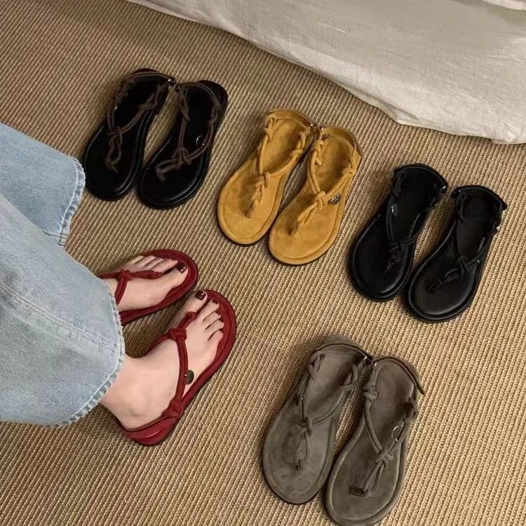 爆款网红复古百搭透气一字凉鞋女2025新款高级感配裙子增高罗马鞋