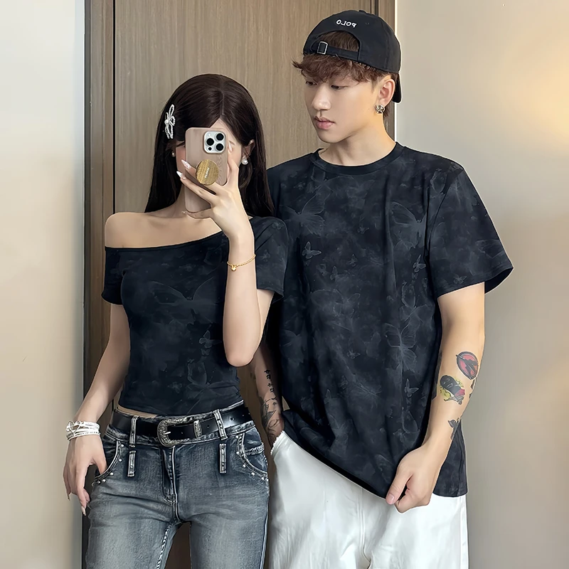 情侣装一长一短设计感法式复古短袖印花ins美式辣妹风斜肩上衣潮