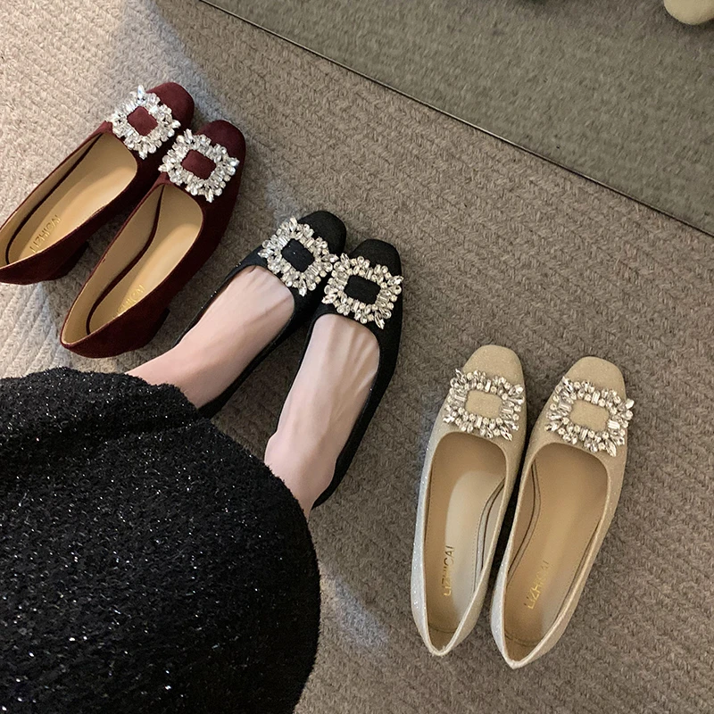 早春新款法式水钻中跟单鞋通勤小香风气质一脚蹬女鞋宴会