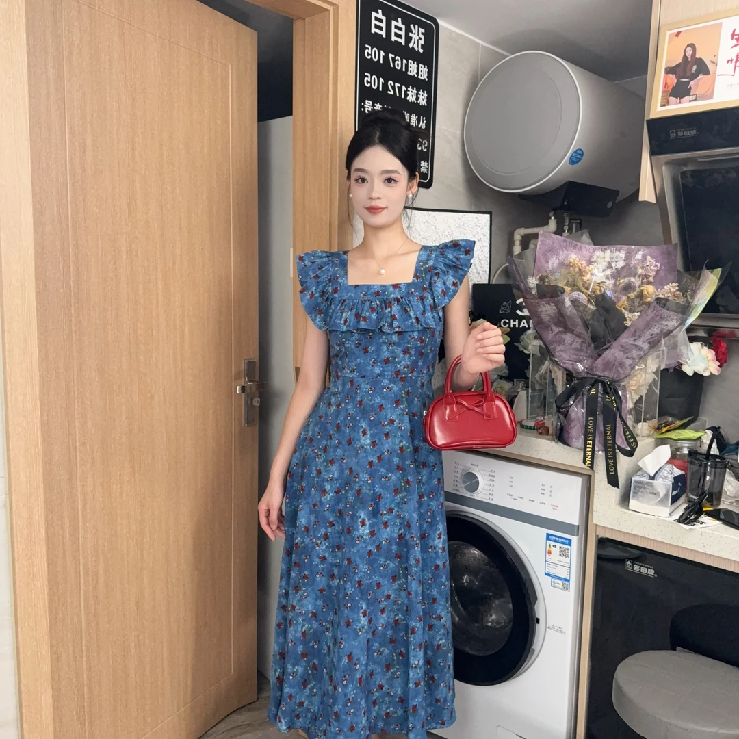 2588夏季新法式茶歇方领碎花连衣裙气质显瘦黑色开叉