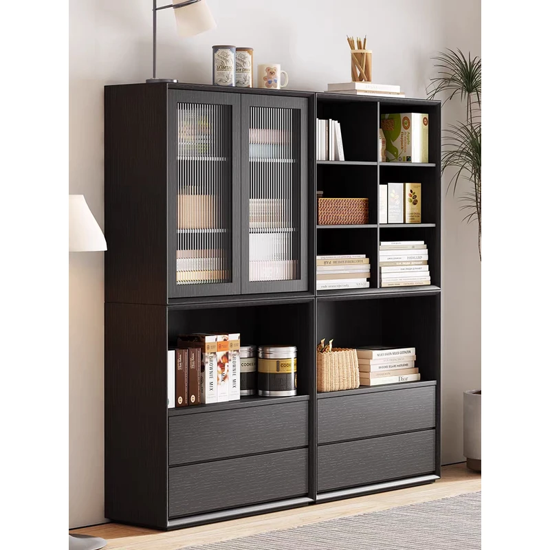 实木组合书柜黑色书架现代简约置物架落地家用收纳柜玻璃门展示柜