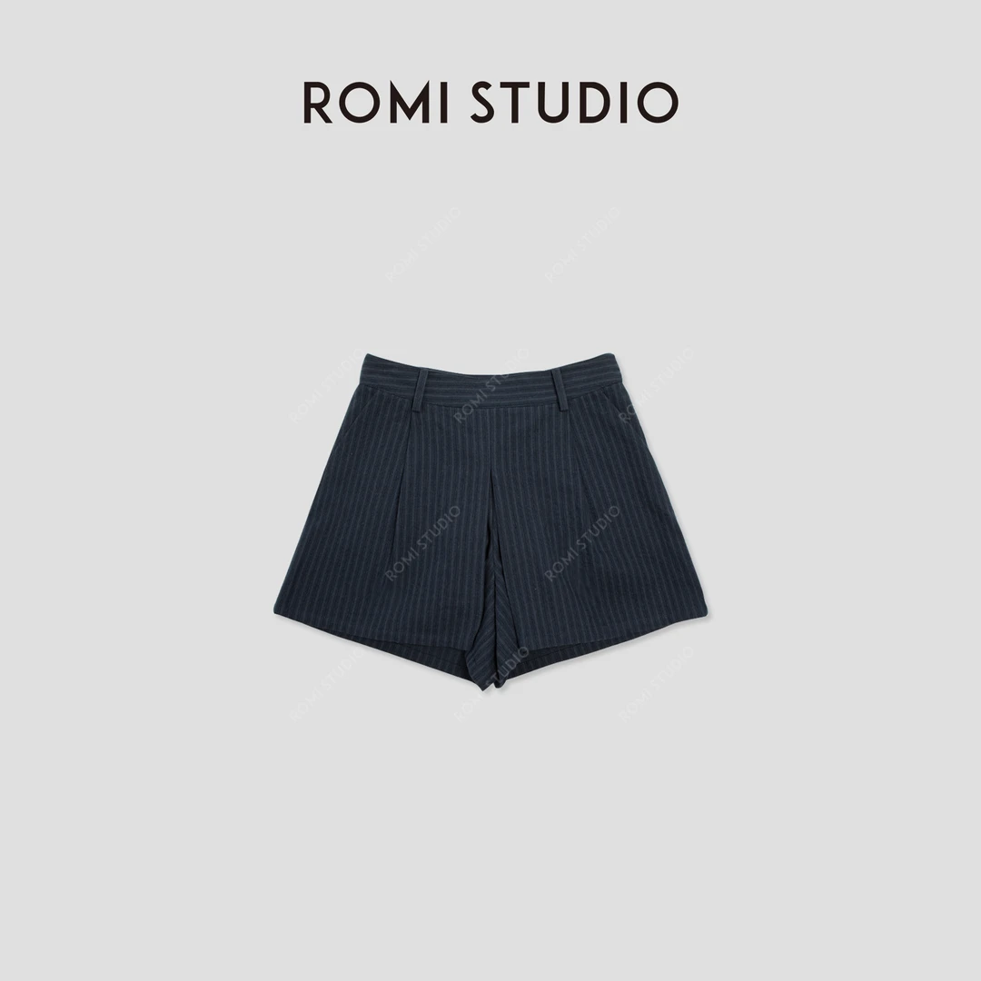 ROMI STUDIO【高品质】简约百搭轻奢A字藏蓝色条纹高腰裤裙K2631