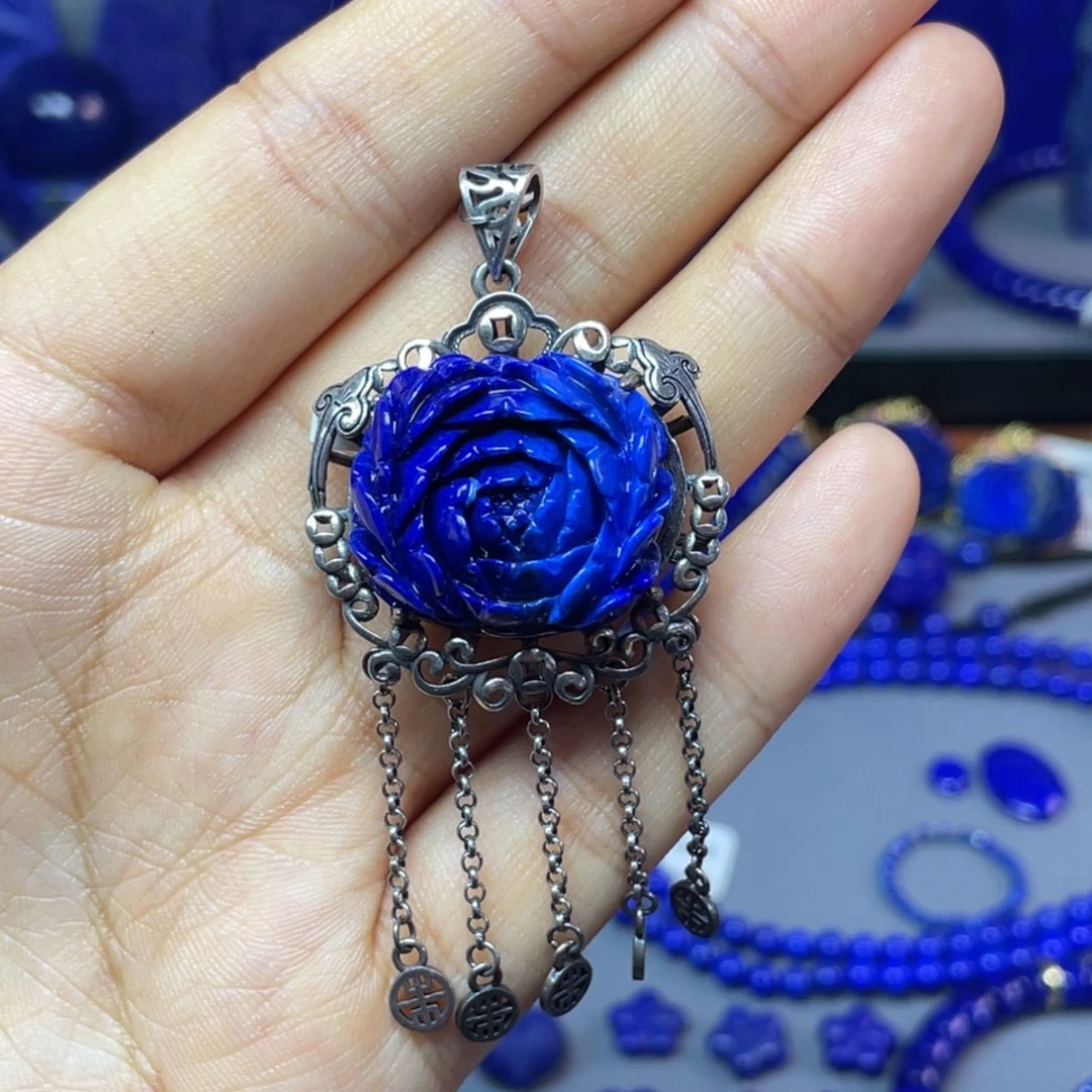 青金石银S925镶嵌牡丹花吊坠