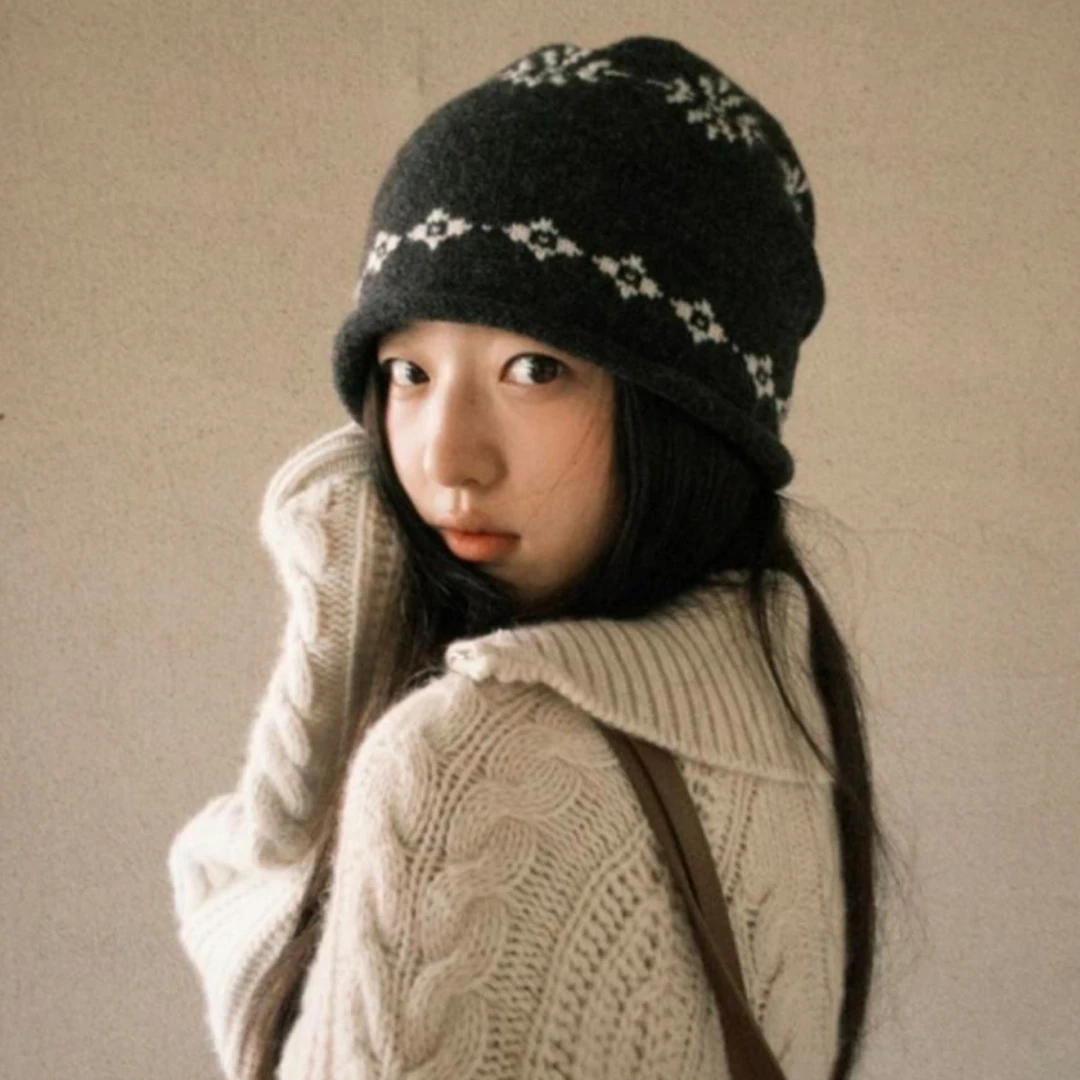 费尔岛提花卷边针织冷帽女秋冬季保暖时尚百搭显脸小毛线堆堆帽子