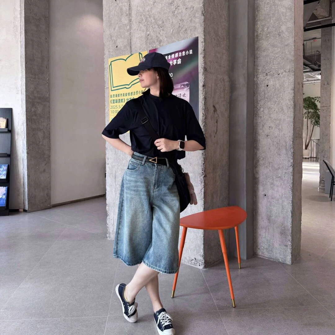 2025年爆款美式七分裤女夏季新款薄款休闲宽松显瘦牛仔百搭中裤