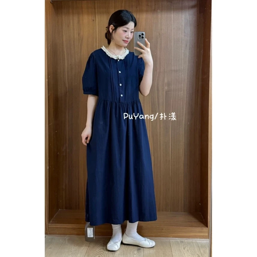 66现货~2025夏季新款孕妇装蕾丝花边拼接圆领设计感气质连衣裙