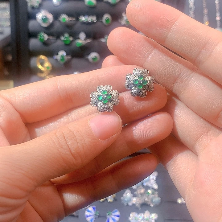 翡翠戒指银S925镶嵌耳钉