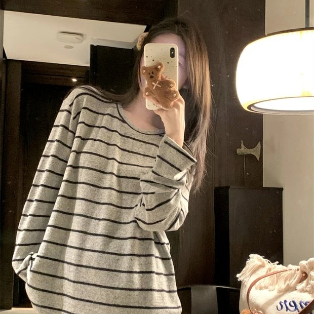 韩系灰色条纹长袖睡衣秋冬季2025新款简约网红保暖家居服两件套zk