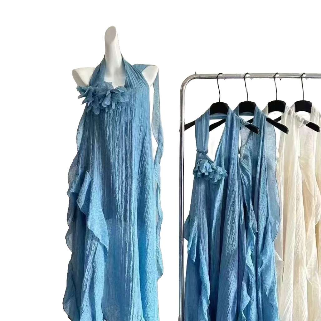 设计感小众褶皱挂脖度假飘带高级感夏季女士长裙