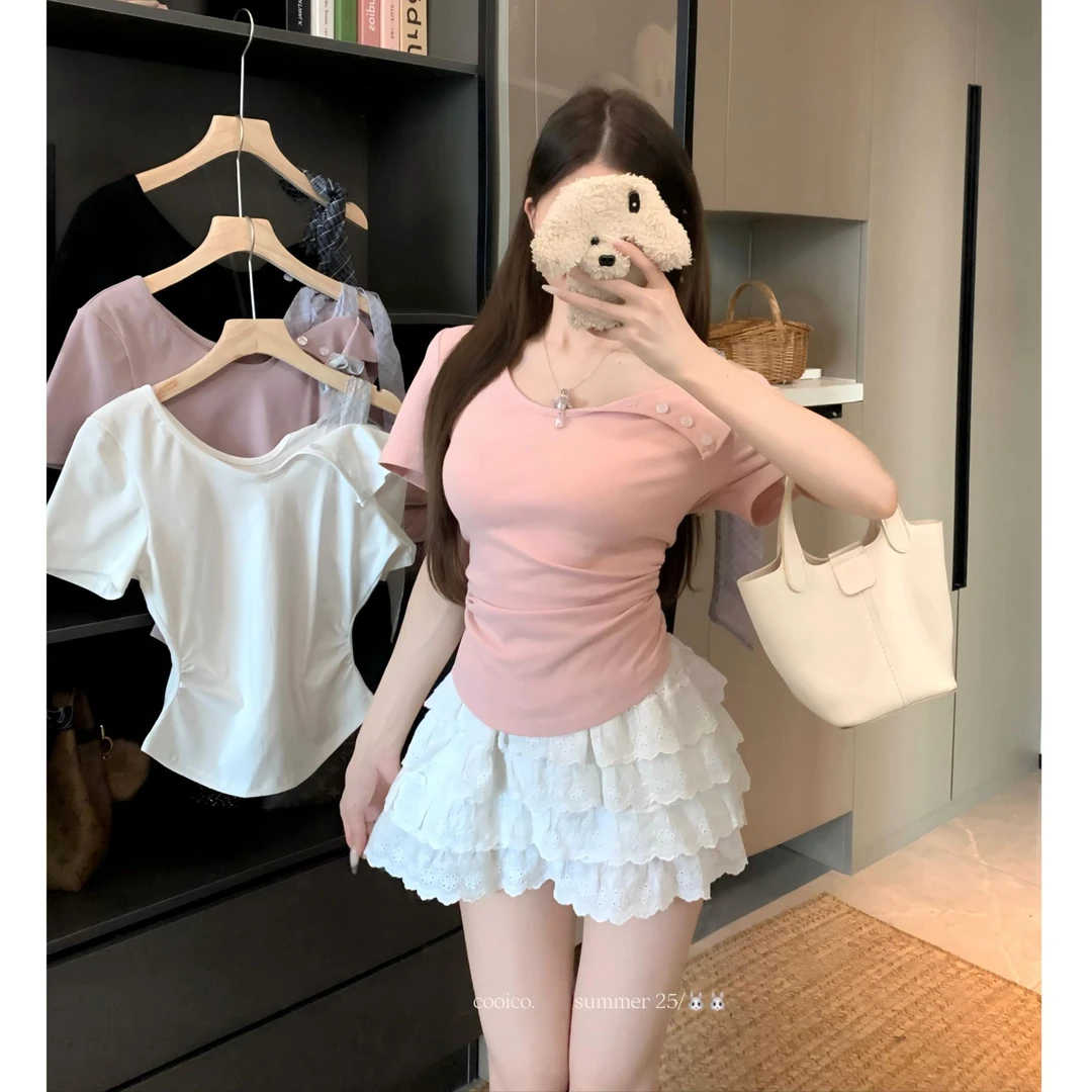 【朵拉】大码辣妹不规则绑带短袖T恤夏季修身显瘦露肩上衣套装