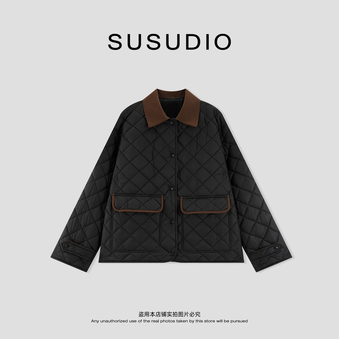 SUSUDIO 复古M风 轻盈保暖经典绗缝拼接绒面翻领棉服外套 70289